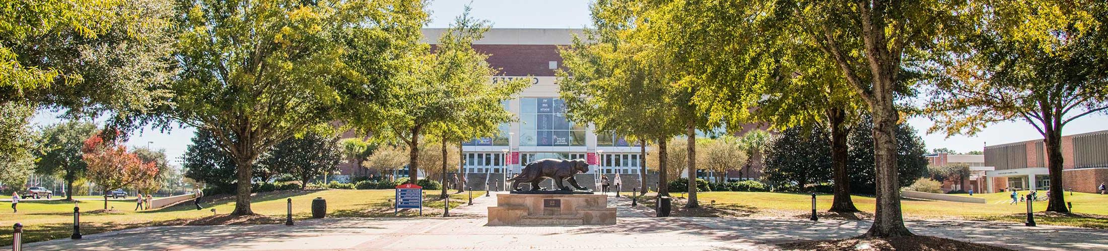 Jaguar statue in front of Mitchell Center.